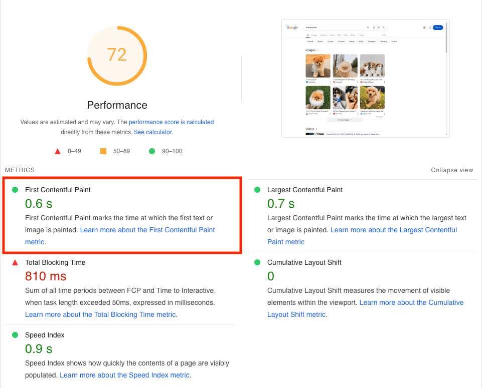 Screenshot of a First Contentful Paint analysis